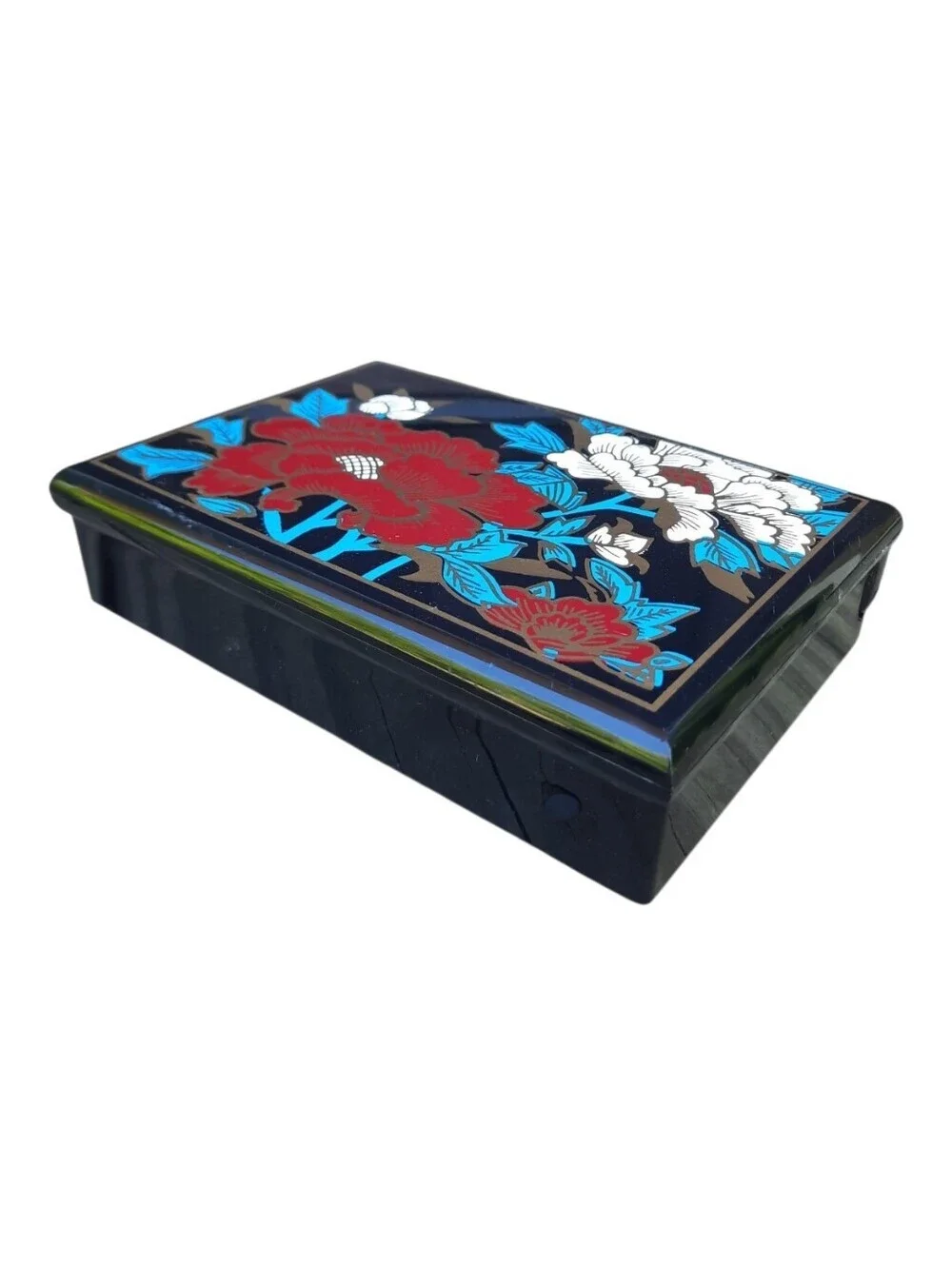 Vintage Asian Black Hard Plastic Peony Painted Lined Mirror Jewelry Box Small